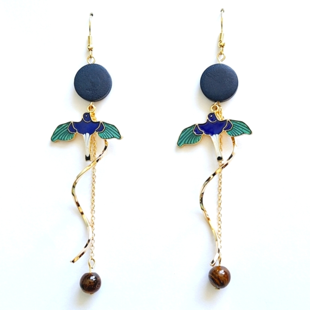 💎 3/$25 Gold Charm Blue Bird Earrings with Intricate Detailing